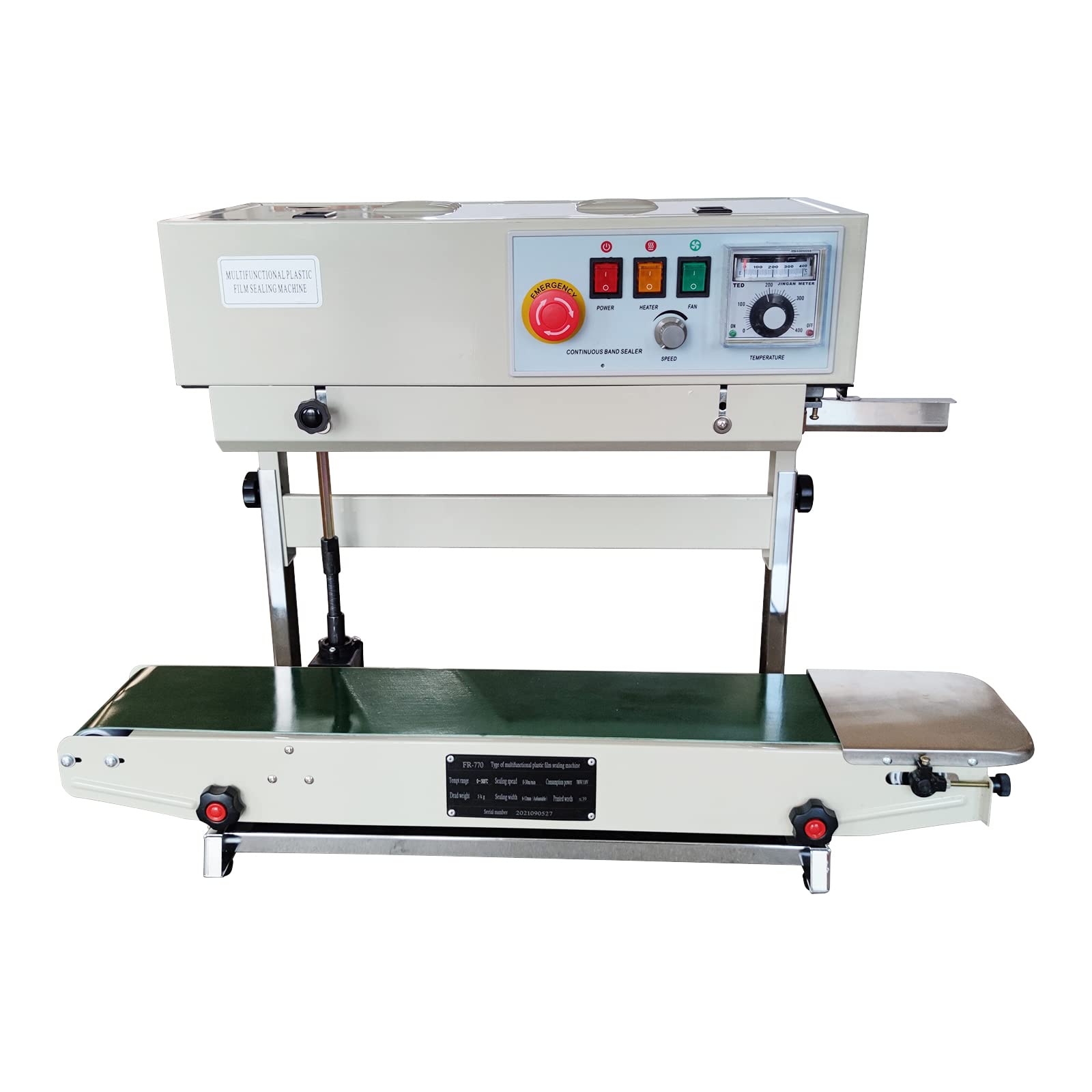 LGXEnzhuo Horizontal Continuous Band Sealer Plastic Film Auto Packing Machine Verticle Type Continuous Sealing Machine with Embossing Wheel for Small Plastic Bag Packaging FR-770 110V