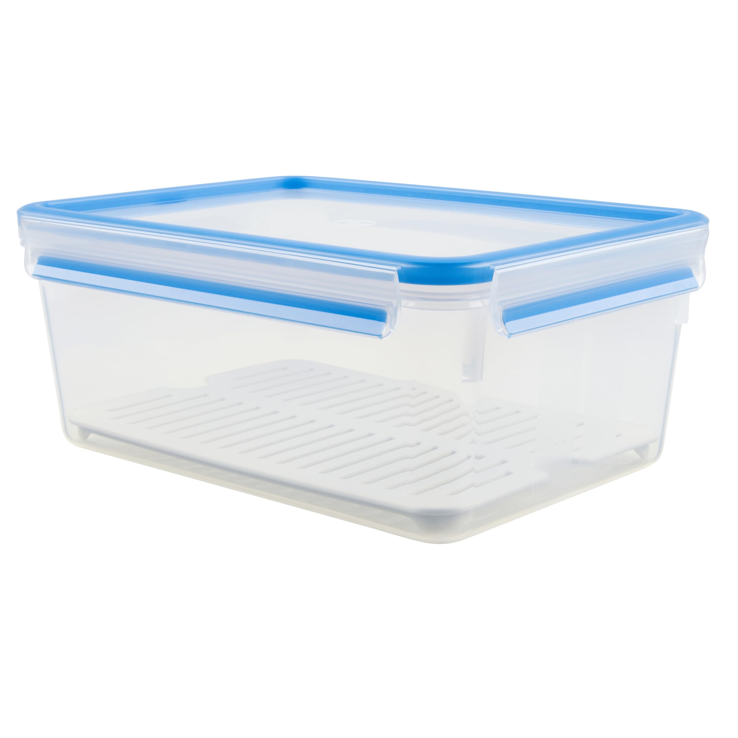 Emsa 512888 Clip & Close box with drip grid, 26.3 x 19.5 x 11 cm, 3.7 l, transparent/blue — image 1