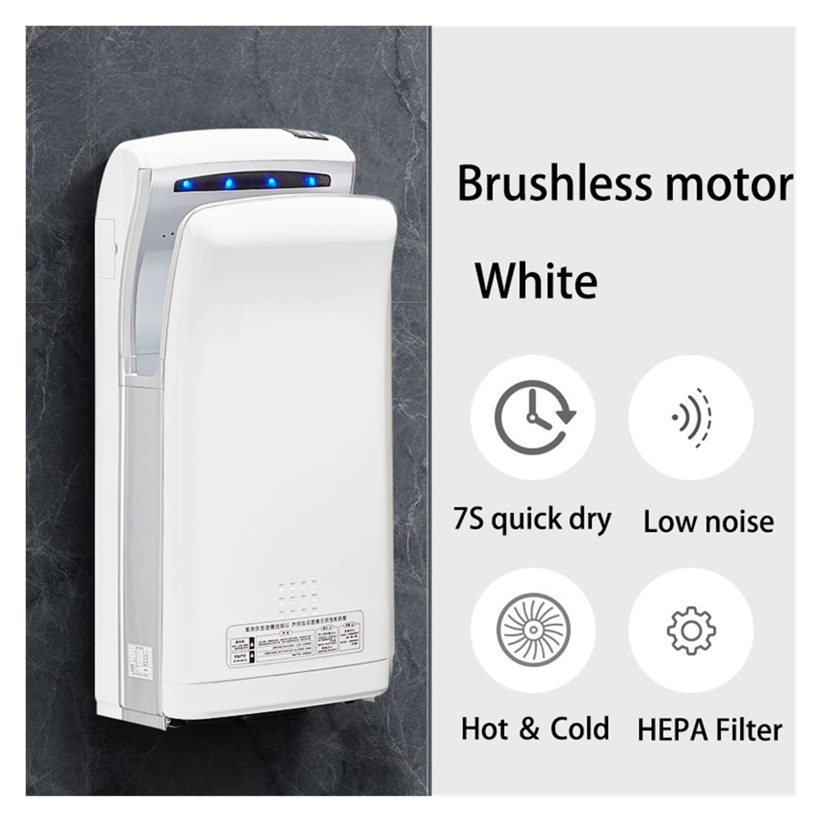 Suszarka do Rąk, Automatyczna suszarka do rąk o mocy 1800 W z HEPA pionowa wąska podwójna komercyjnego montażu na ścianie elektryczne szybkie suszenie toalety(White Brushless motor)
