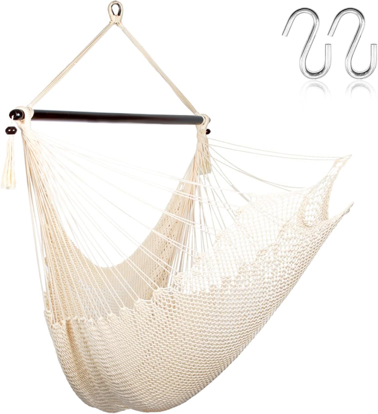 Caribbean Hammock Chair with 2 Hanging S Hooks, Indoor Outdoor Hammock Swing Chair with Hardwood Spreader Bar and Hanging Hardwear Kits