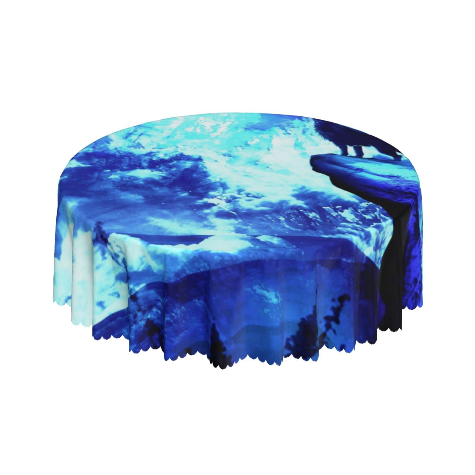Lsjuee Colorful Wolf Galaxy Moon Round Tablecloth 60 Inch Printed Washable Tablecloth for Dining Party Holiday Fall Home Decorative