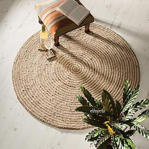 ETHNICITI 60cm / 90cm / 120cm Round Beige Natural Jute Cotton Braided Rug Lounge Study (60cm) Cover