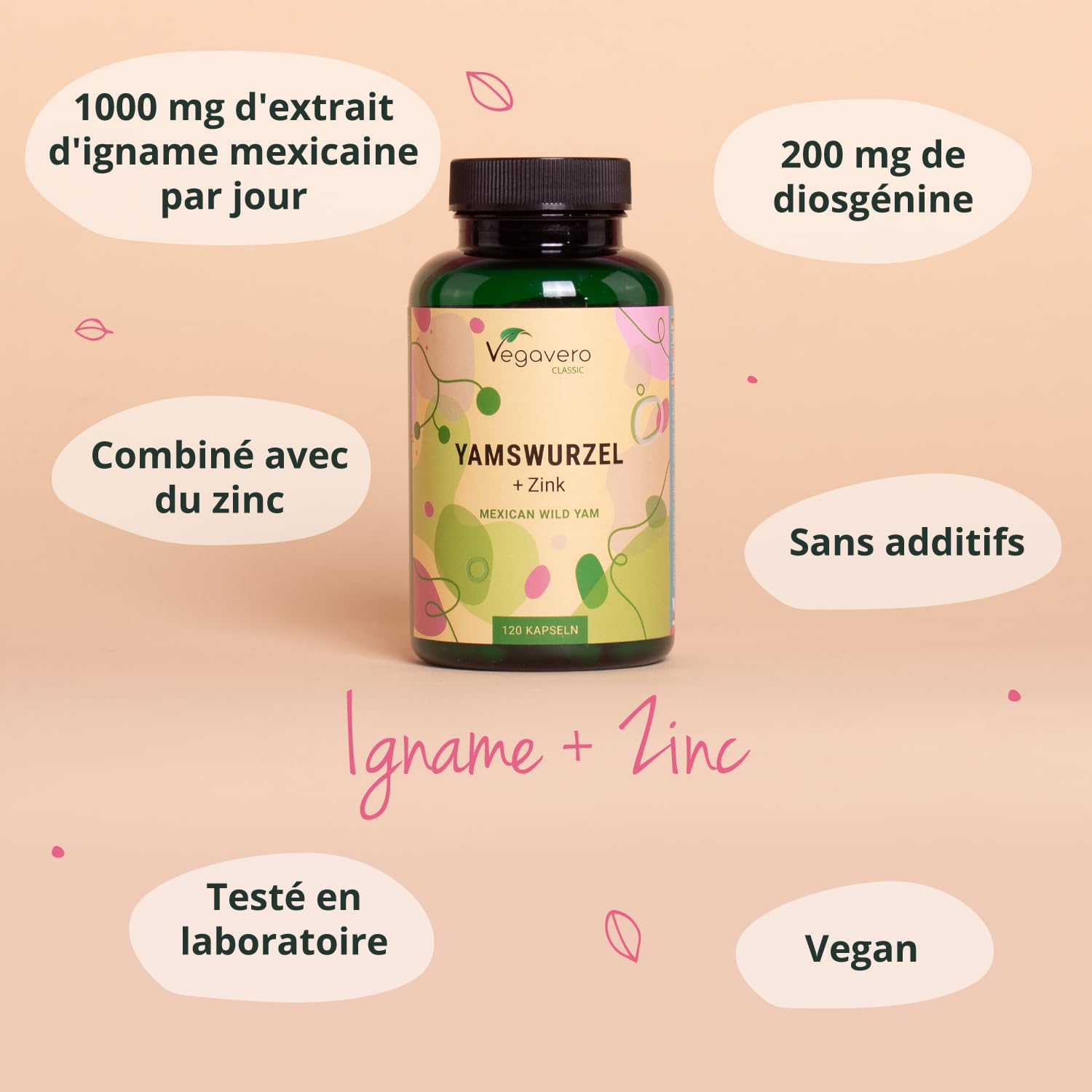 Igname Sauvage | Avec Zinc | Extrait Fortement Dosé : 1000 mg | 20% Diosgénine | 120 Gélules | SANS ADDITIFS et VEGAN | Vegavero®