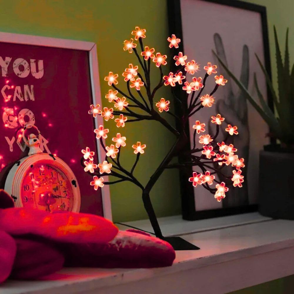 KHIZAR Bed Side Artificial Tree Lamp Cherry Blossom Silicone Flower 28 Led Lights Ramadan Festival Home Decor Eid Festival Room Decoration (Red Color) 3