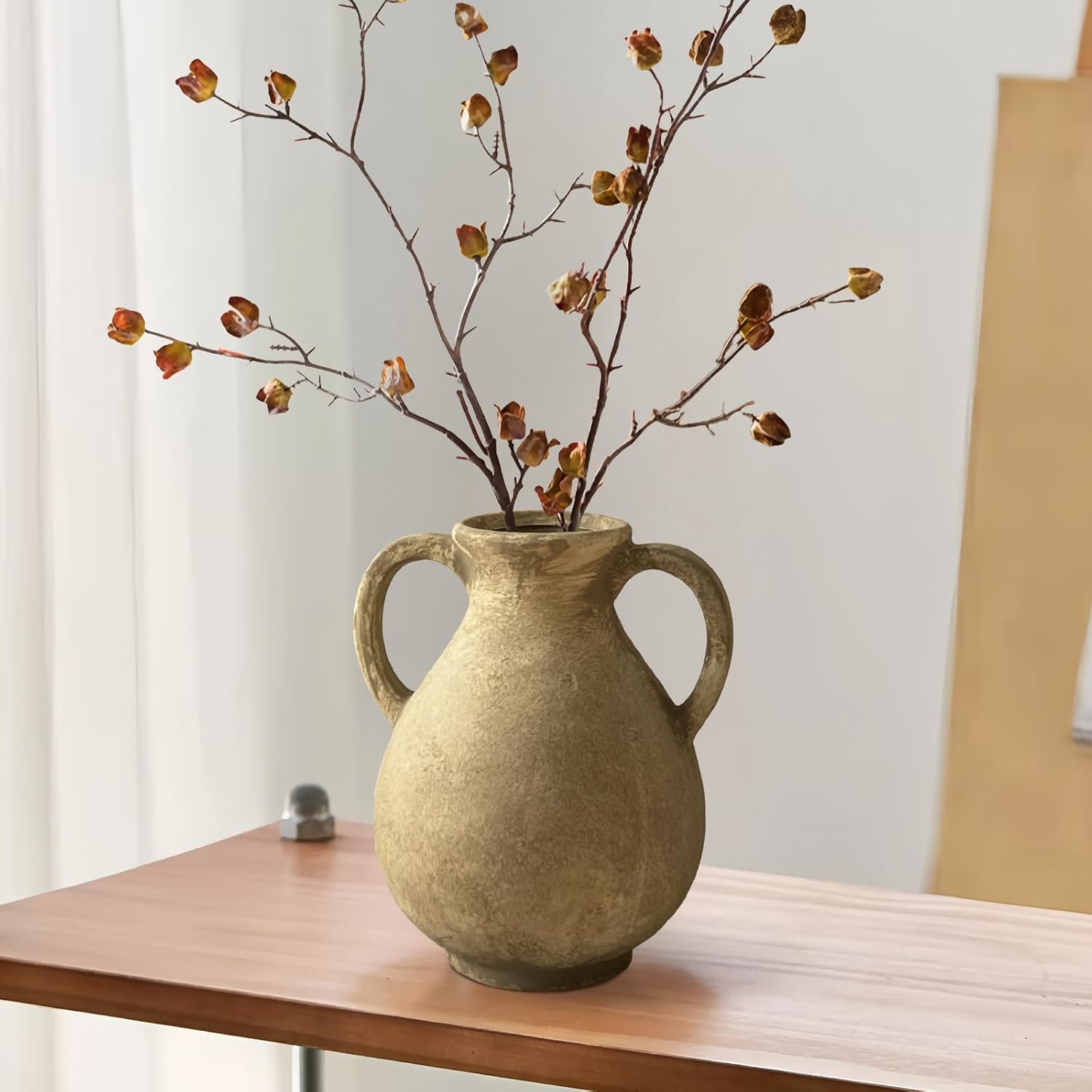 Rustic Ceramic Vase with 2 Handles, Beige Farmhouse Flower Vase for Home Decor, Vintage Terracotta Table Centerpieces, Dining Room Decor, Living Room Mantel Decoration, 8.11 Inch - Image 7