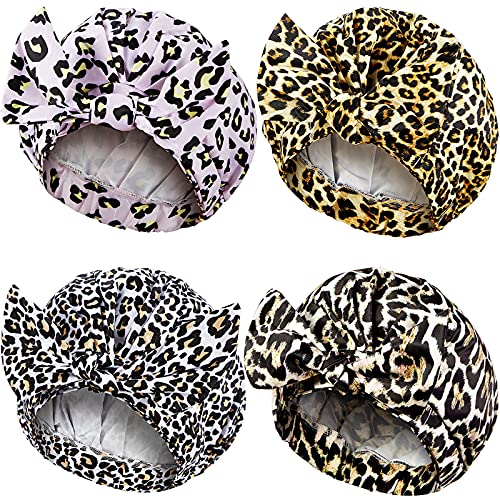 4 Pieces Shower Caps for Women, Waterproof Reusable Shower Hair Caps Elastic Hem Turban Shower Bath Caps for Long, Short and Curly Hair for Women Girls (Leopard Patterns)