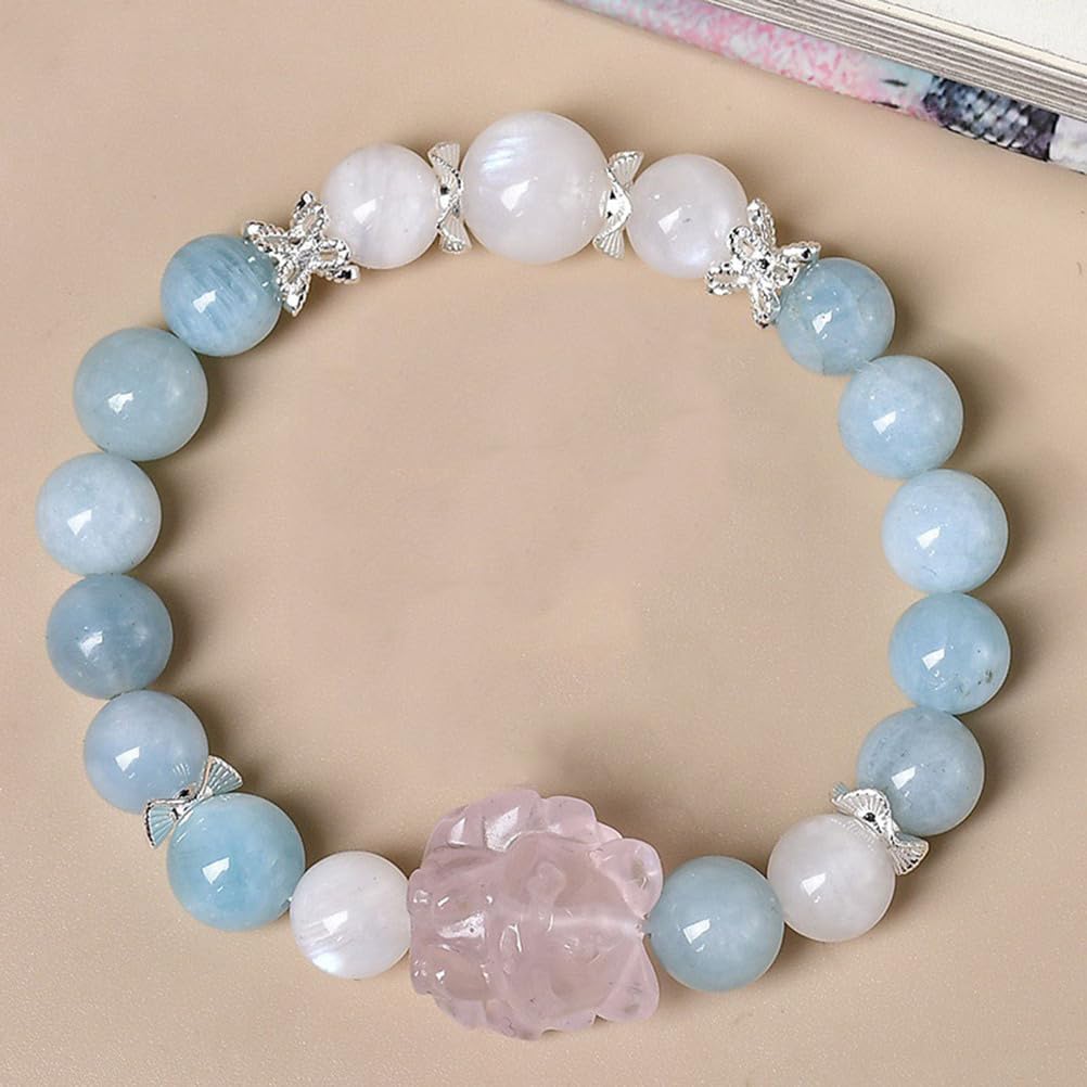 Bracciale con Acquamarina curativa Naturale al Quarzo Rosa, bracciali Elasticizzati con Pietre preziose autentiche per Donne Uomini Unisex, Cristalli di energia Naturale Perline