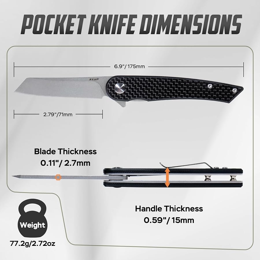 RXLUY Folding Pocket Knife, 2.79” 14C28N Steel Blade Carbon Fibre Handle Flipper Liner Lock Small Praxis EDC Folding Knife, Sharp Camping Outdoor Survival Knives for Men Women (Black) - image 6