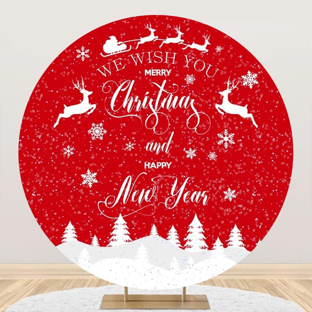 Merry Christmas and Happy New Year Round Backdrop Cover Red White Deer Snowflake Pine Forest Round Backdrop Cover (No Stand) Xmas Party Supplies Decorations 7.2ft (220cm) Circle Photo Studio Props