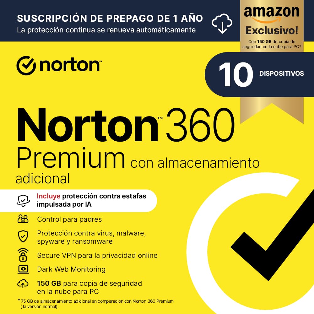 Norton 360 Premium Exclusivo Amazon*|Antivirus 10 Dispositivos|1 año con renovación automática| Descarga digital