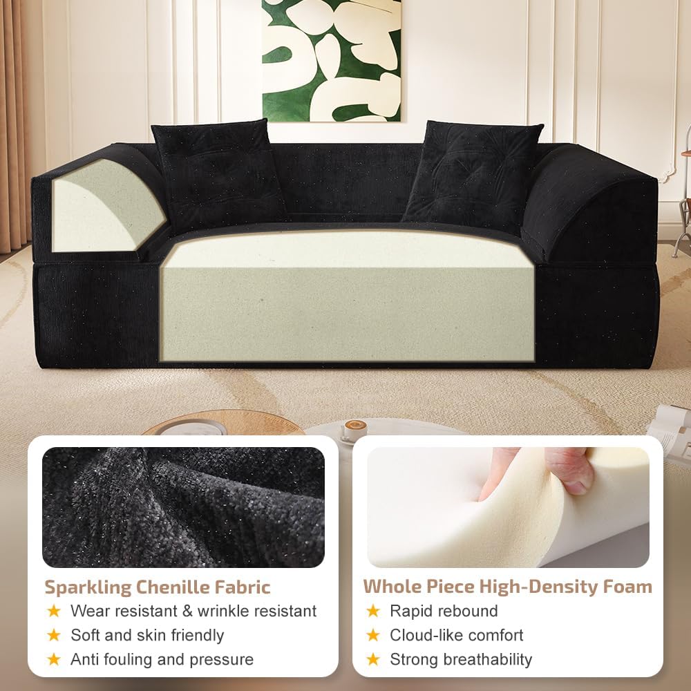 79.5" Convertible Sofa Bed,Loveseat Sleeper Cloud Couch for Living Room,Sparkling Chenille Boneless Couches Bed,Folding Sofa Bed with Pillows for Office,Small Apartment,Black