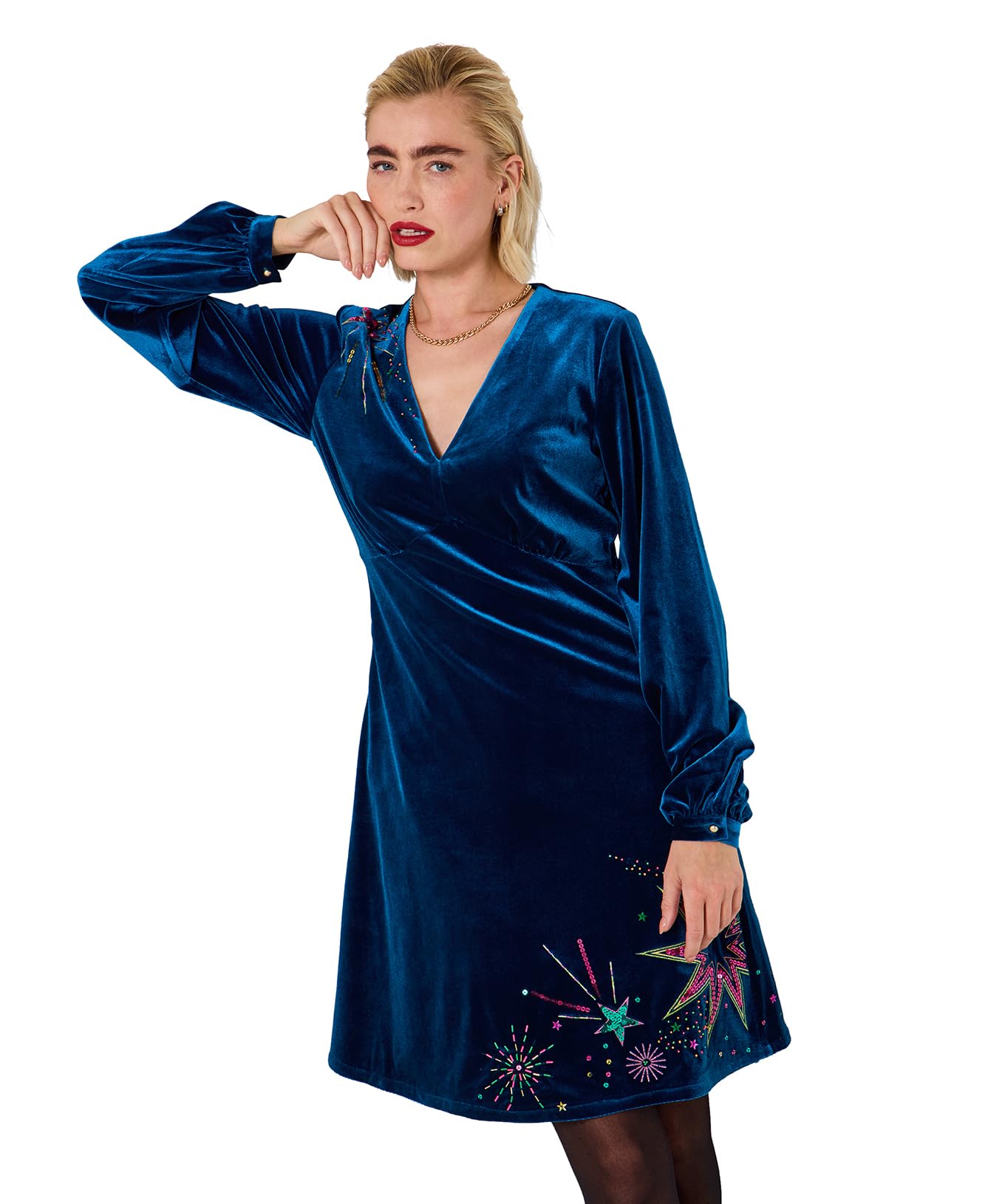 Joe Browns Women's Stretchy Velvet Sequin Dress, Regular, Turquoise, UK 16