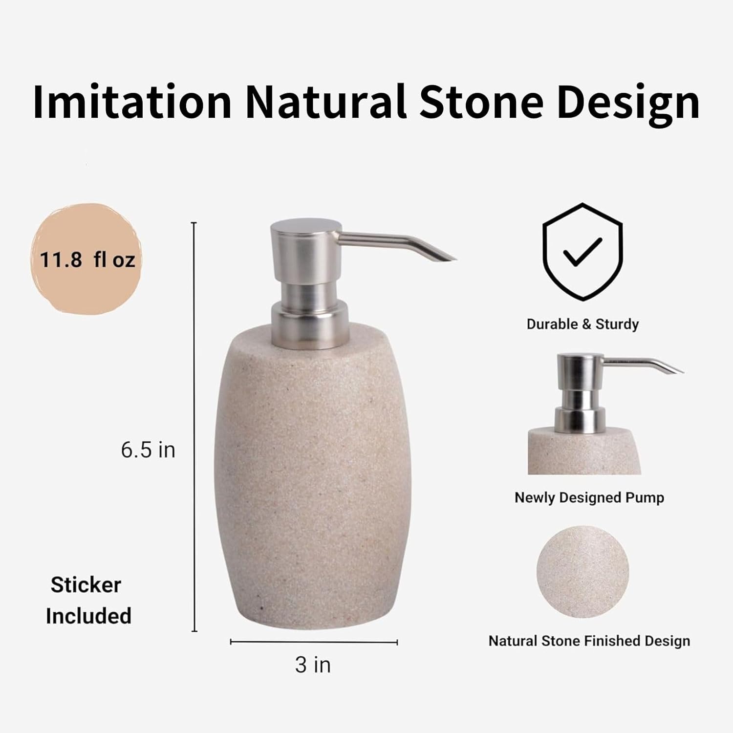 Sandstone Textured Resin Soap Dispenser with Metallic Pump and Waterproof Bottle Labels for Bathroom Kitchen Dish Hand Wash Shower Lotion Shampoo, 12 Oz, Beige - Image 4