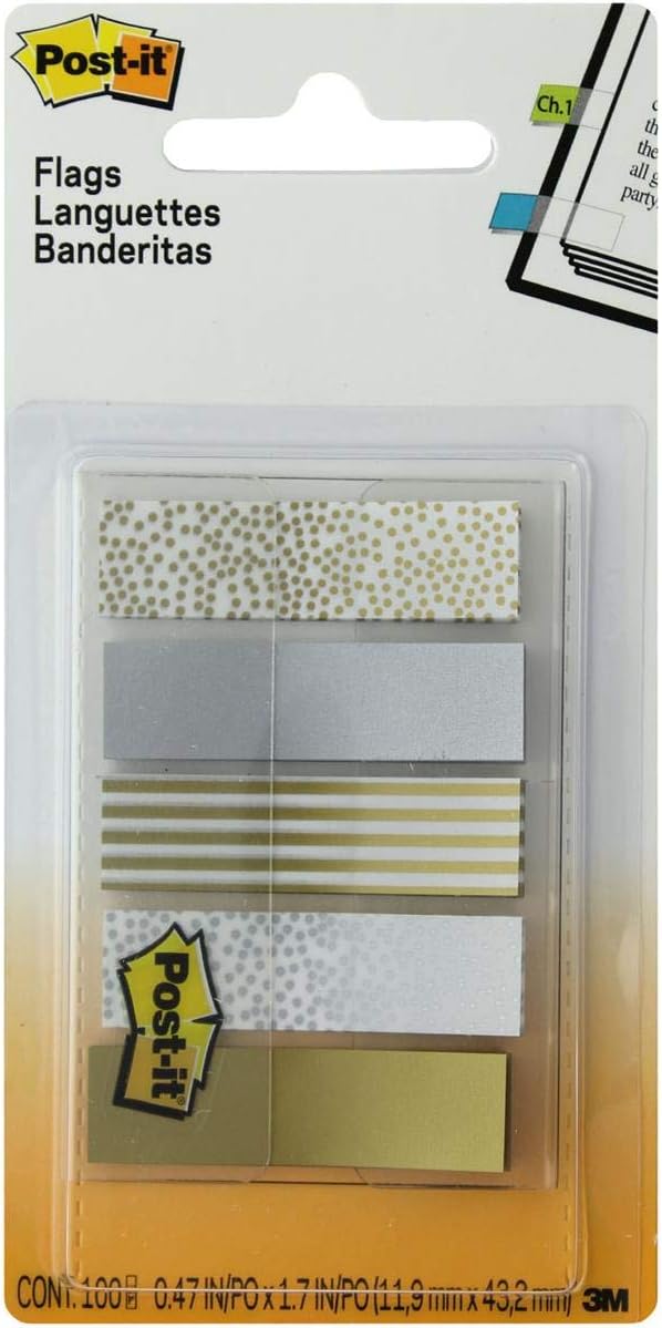 Post-it Flags, Metal Color, .47 In x 1.7 In, 100 Flags Per Dispenser (684-METAL),Assorted Metallic Designs : Office Products