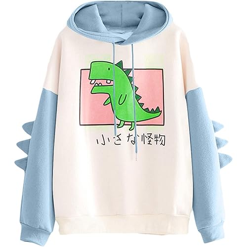 Women Casual Loose Color Block Long Sleeve Dinosaur Hoodies Pullover Tops Hooded Sweatshirt