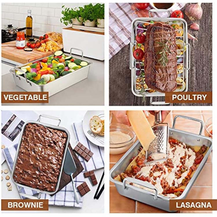 P&P CHEF 14 Roaster Roasting Pan with Baking Rack and V-shaped Rack, Stainless Steel Rectangular Lasagna Pan with Handles for Turkey Chicken, Healthy & Dishwasher Safe, 3 Pieces, Silver