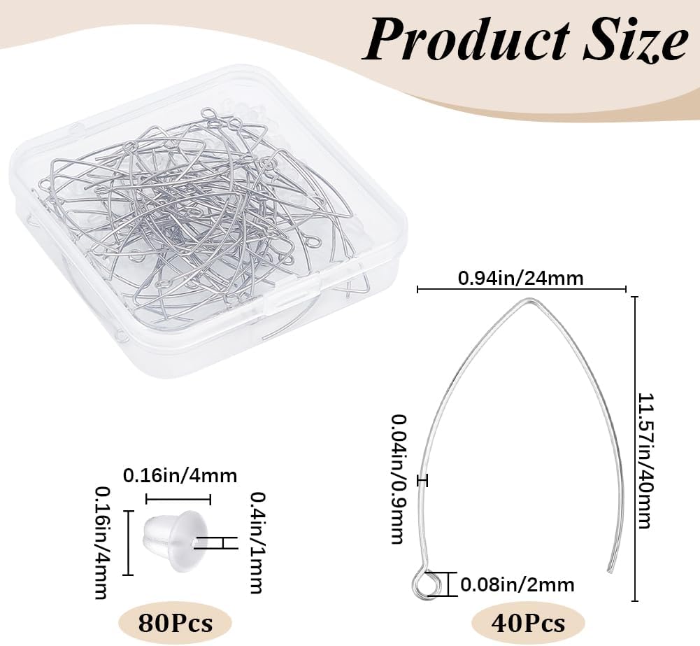 1 Box 40Pcs Drop Earring Hooks Stainless Steel Earring Wires Silver Long Marquise V Shaped Hook Earring Findings with Ear Nuts and Loop Dangle Earring Wires for Jewelry Making Supplies DIY - Image 2