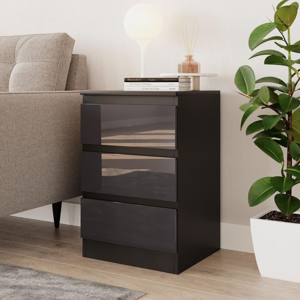 URBNLIVING 62cm High Gloss Bedside Chest of Drawers - 3 Drawer Bedroom Storage Cabinet with Smooth Metal Runner - Modern Dresser Bedside Table for Bedroom Living Room Office Hallway