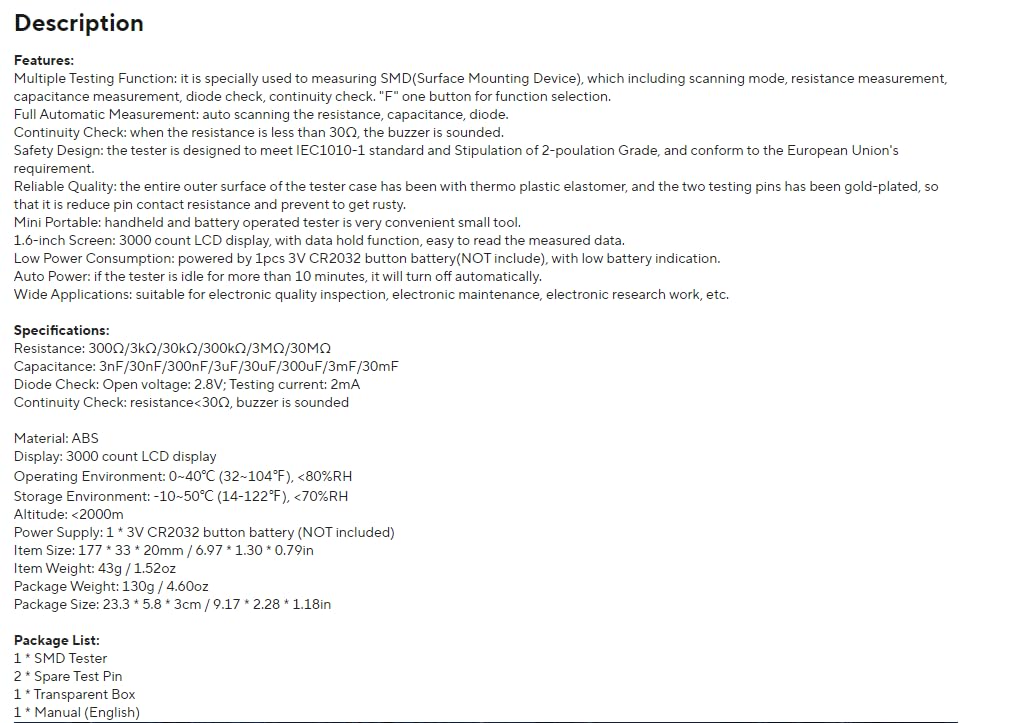 MY8910 Digital Multimeter SmartSMD Tester TestingClips Tweezers30MΩ 30mF