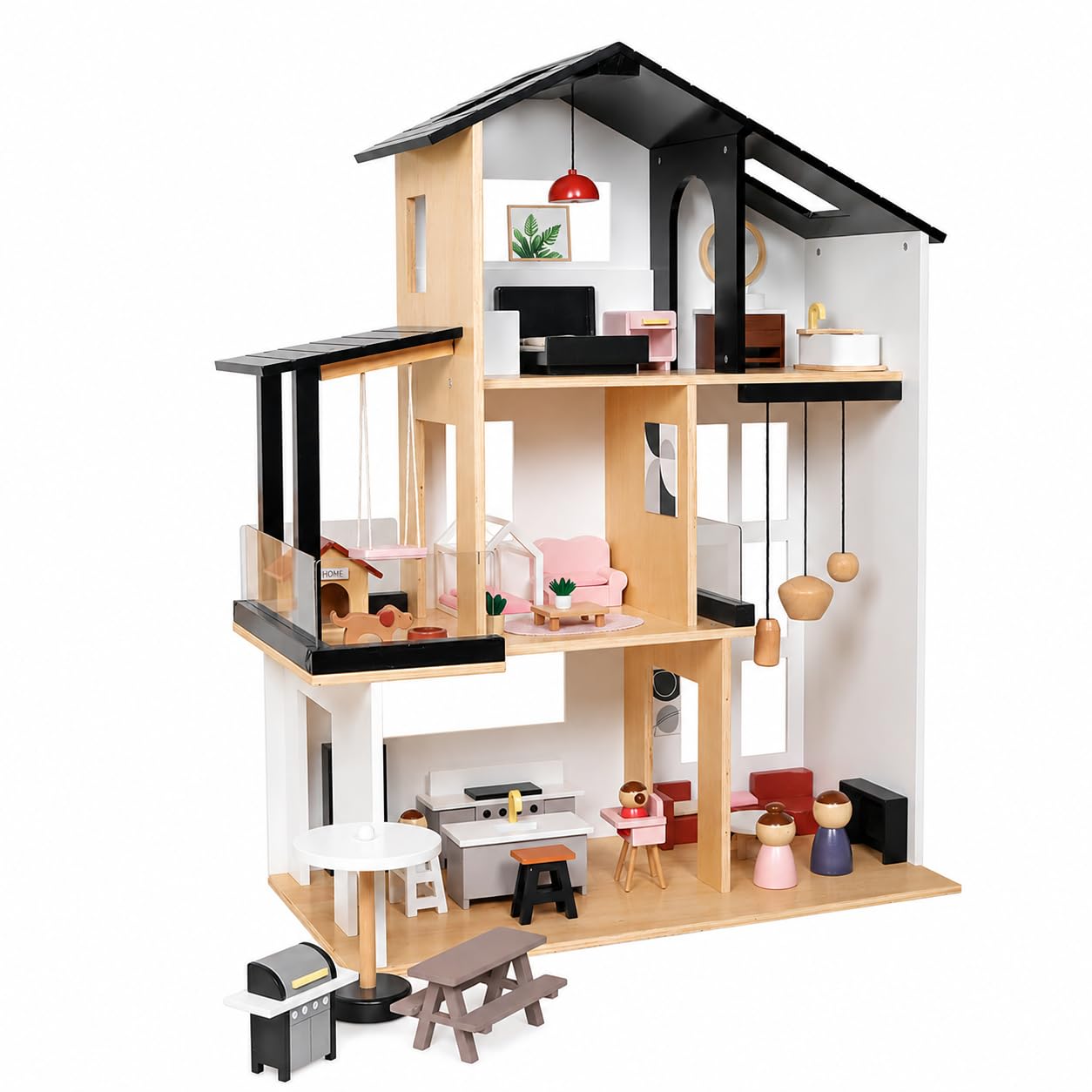 Modernes Puppenhaus Villa aus Holz mit 49-TLG Möbelset & Spielfiguren, inkl. Hundezimmer, Große Stadtvilla für Kinder, Skandinavisches Design, Puppenhausmöbel Set komplett möbliert, Schwarz-Weiß