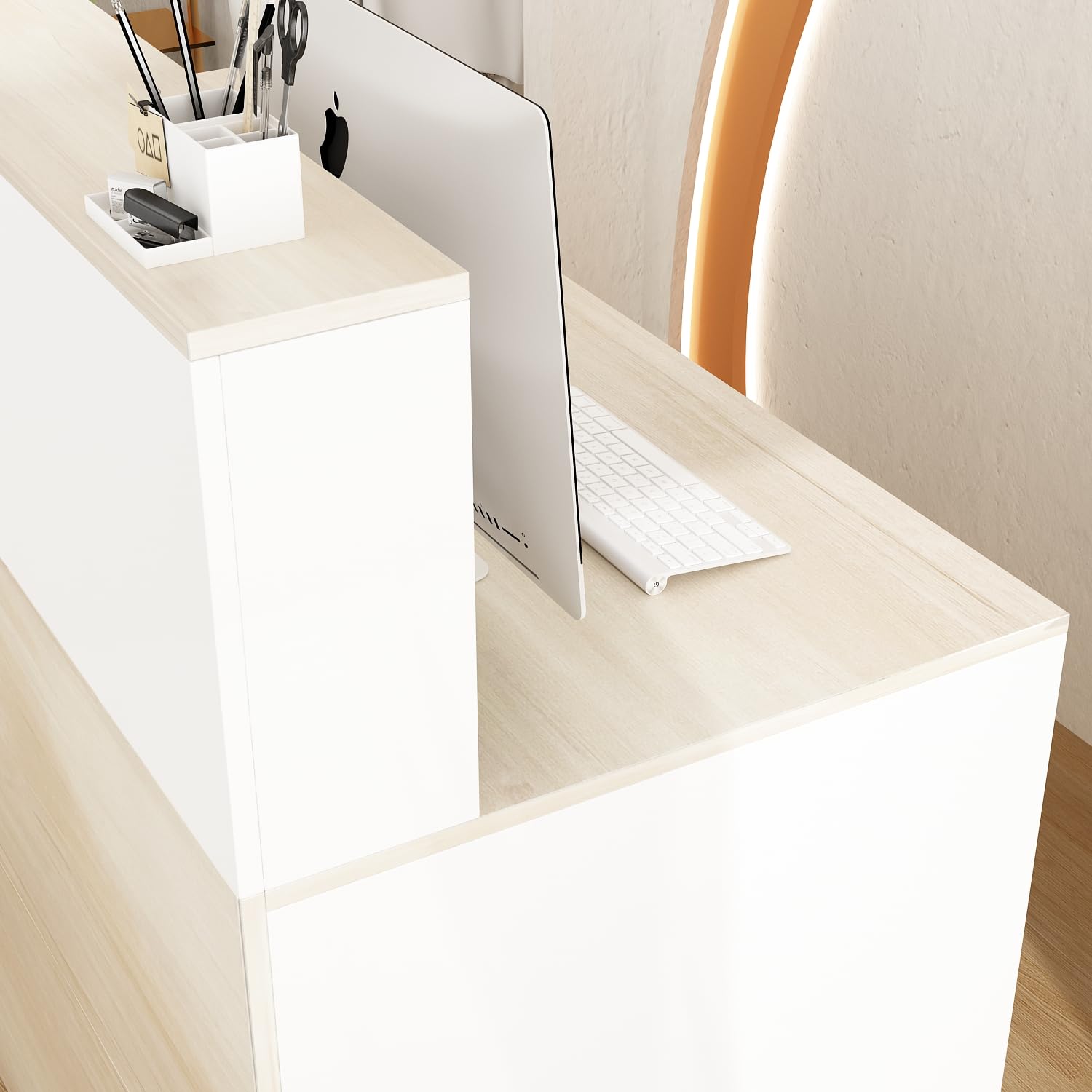 Mostrador de Recepción Grande Con Compartimentos Abiertos - Mesa de Recepción, Muebles de Oficina, Color Madera y Blanco