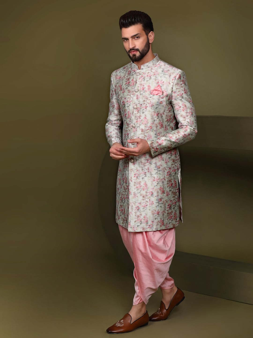 Kisah Men's Ethnic Wear Silk Blend Woven Design Regular Fit Multi-Pink Indo-Western Sherwani Set Indo-Western|44