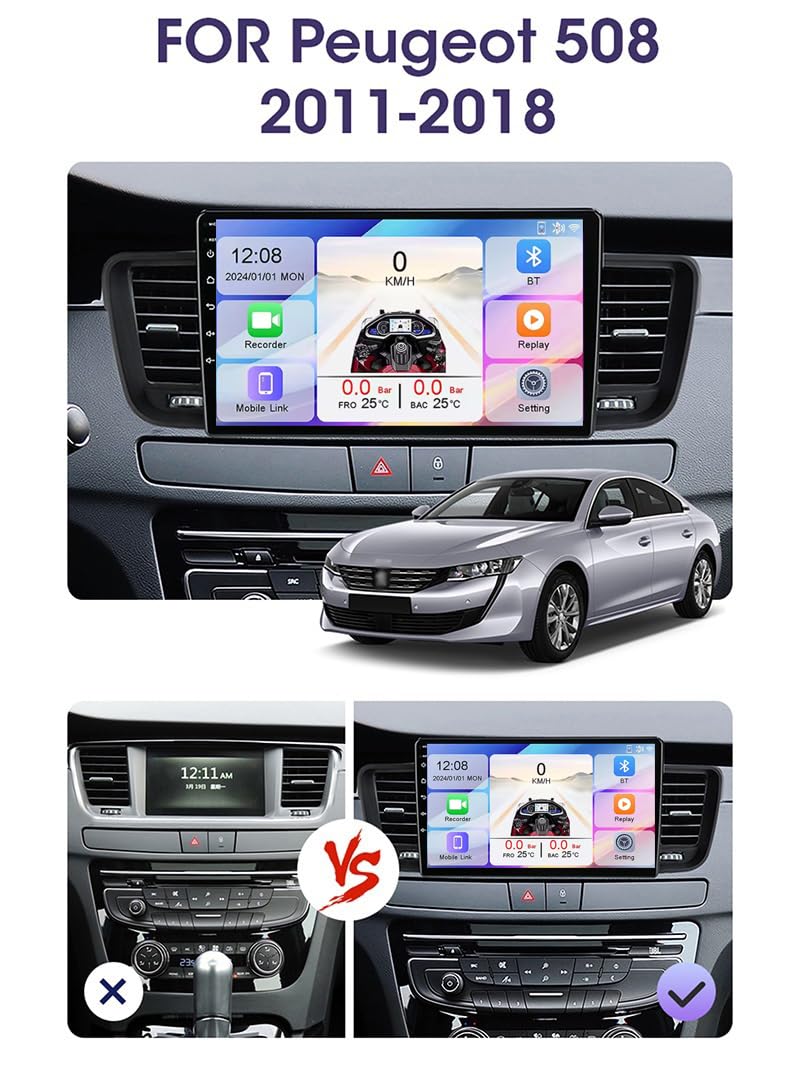 Android 15 2 DIN Car Stereo 9-calowy ekran dotykowy do Peugeota 508 2011-2018 Odtwarzacz MP5 z Bluetooth CarPlay i Android Auto/Radio FM AM RDS/Sterowanie z kierownicy
