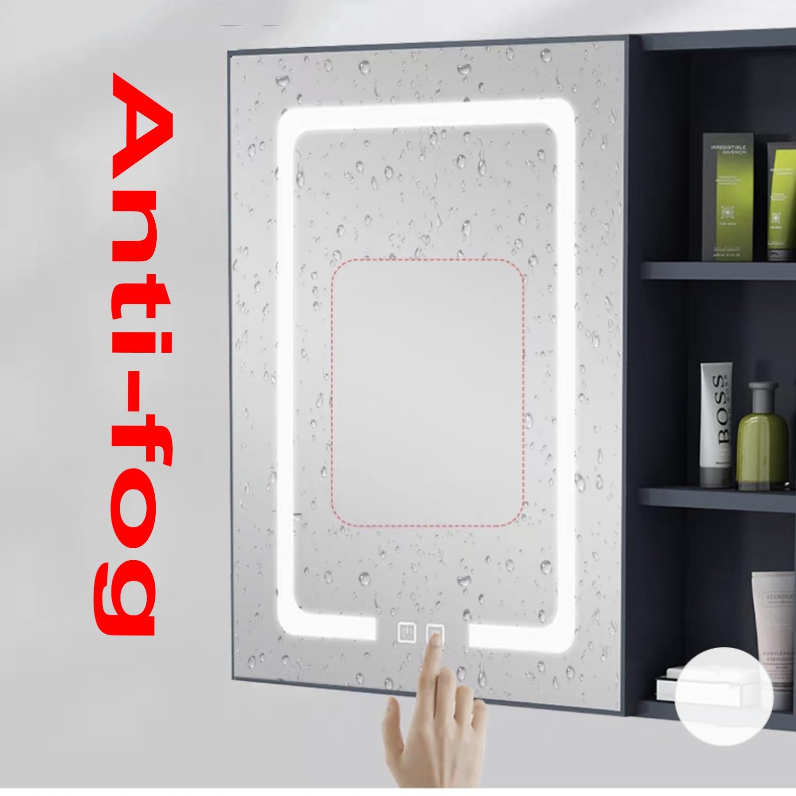 Szafka łazienkowa z lustrem, wisząca, z oświetleniem LED, funkcją przeciwmgielną, aluminiowa rama, szafka 1-drzwiowa, nowoczesny design, biała, 55 x 65 cm