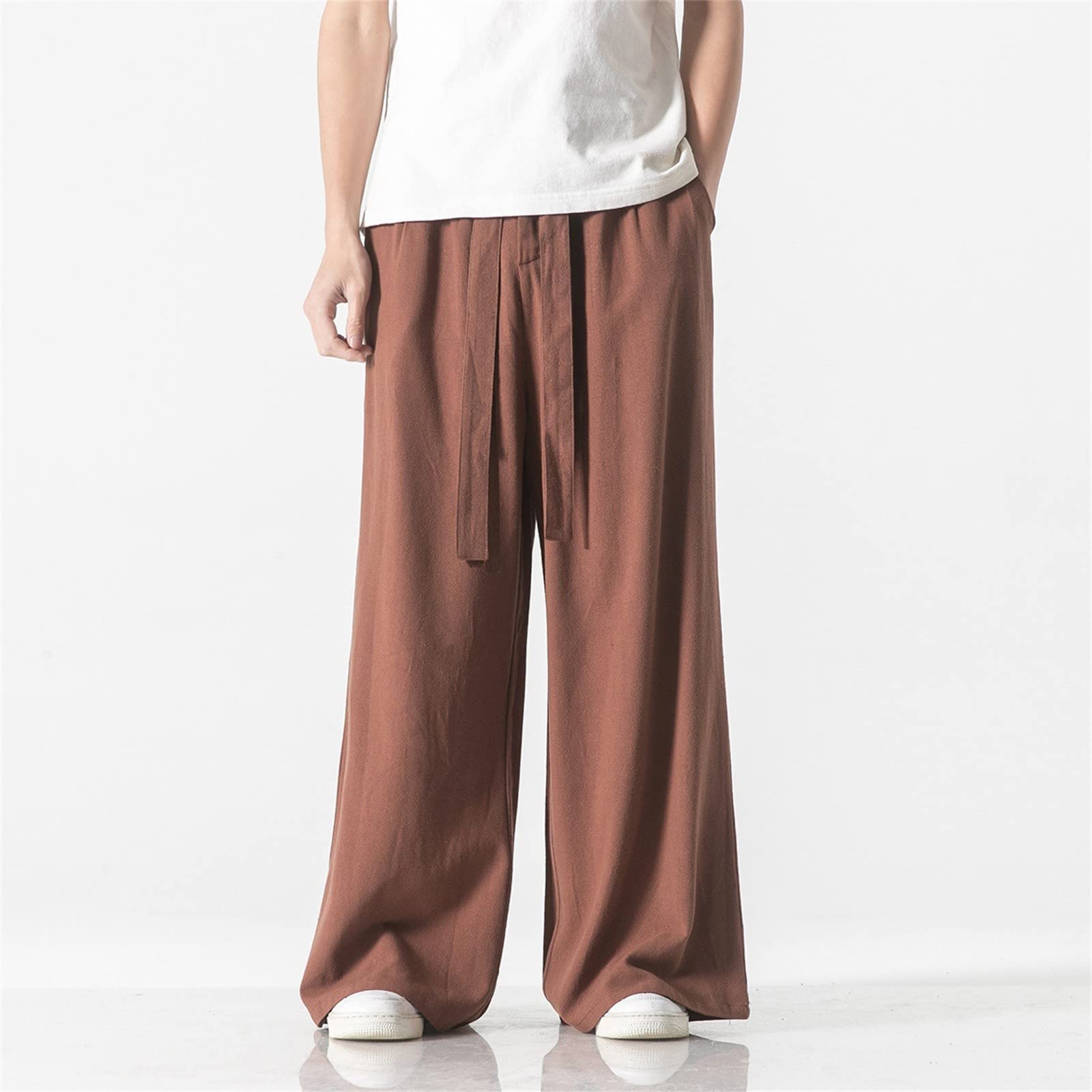 Pantalones de descanso para hombre, holgados, con pierna ancha, pantalones de lino de algodón para hombre, pantalones de cintura elástica con cordón, pantalones transpirables resistentes a las arrugas
