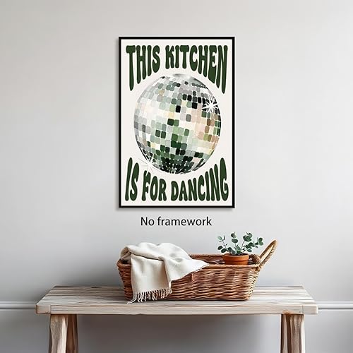 Miniatura 5 de Arte de pared retro de disco moderno con frase en inglés "This Kitchen Is For Dancing", póster de bola de espejo Groovy, pintura verde, impresión