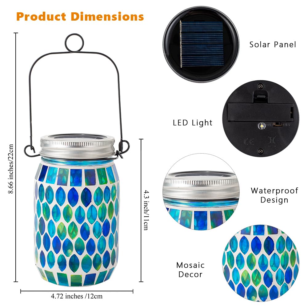 Starsoul Paquete de 4 faroles colgantes solares de mosaico para exteriores, impermeables, de cristal multiazul, luces solares de jardín, farol de mosaico al aire libre para exteriores, camino, patio