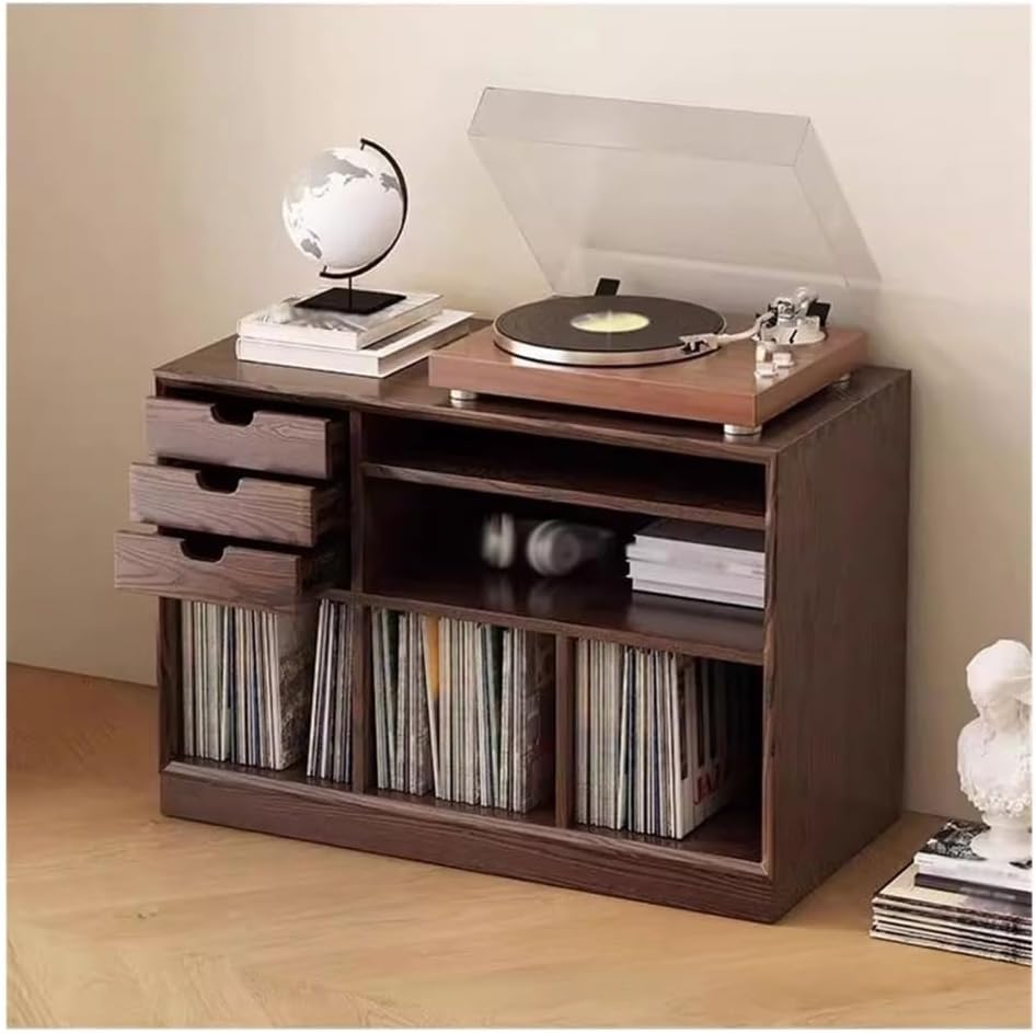 Cd Rack Multi-Functional Wooden Vinyl Record Rack Floor Standing with Drawer for Cd Albums Books Magazine,