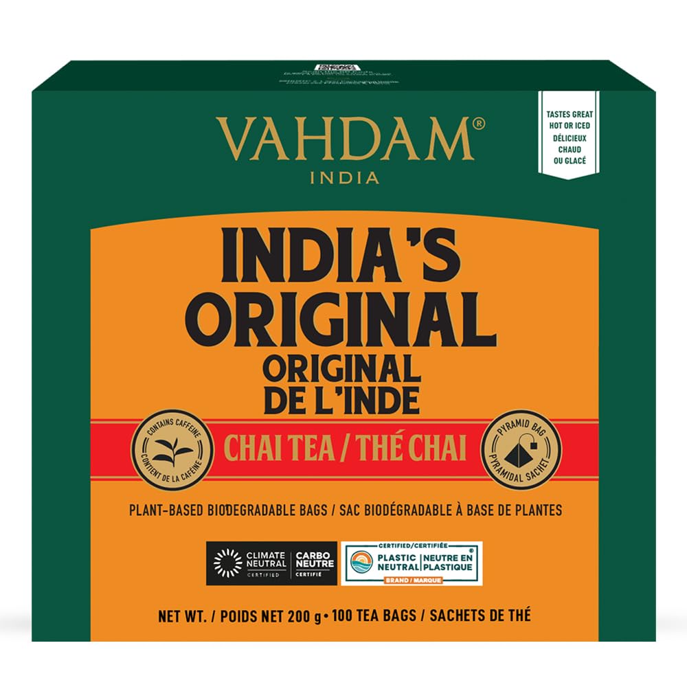 VAHDAM, India's Original Masala Chai Tea Bags (100 Count) No Added Flavoring | Blended w/Exotic Spices | Whole Leaf Tea Bags | Resealable Ziplock Pouch