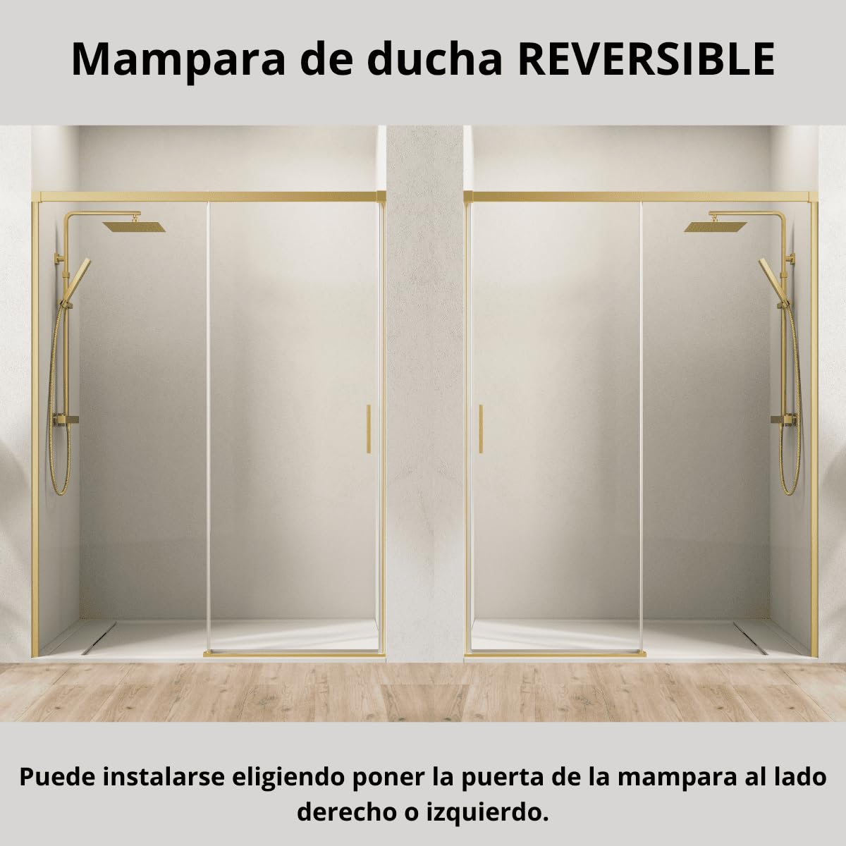 Mampara Ducha Frontal 1 puerta 1 fijo Corredera | Vidrio Templado 6mm Antical Transparente | Altura 195cm |Perfil Oro 110 cm (Adaptable 104-109cm)