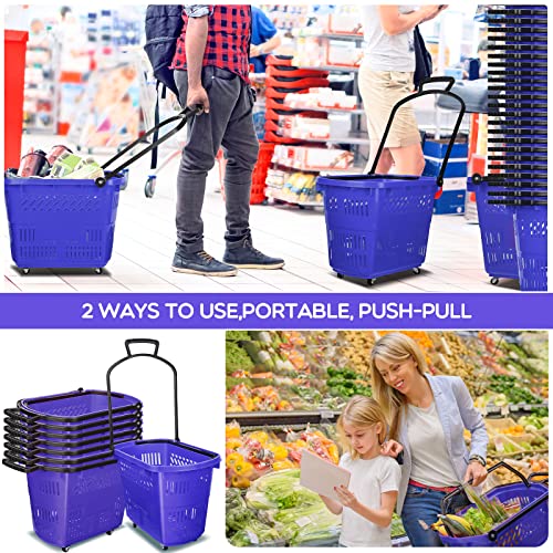 Fairysandy 12 Pcs Grocery Shopping Carts With Handle 35L Shopping Baskets With Wheels Plastic Grocery Rolling Trolley Stackable Retail Baskets For Supermarkets Retail Store Home Laundry Storage (Blue) #TOP1