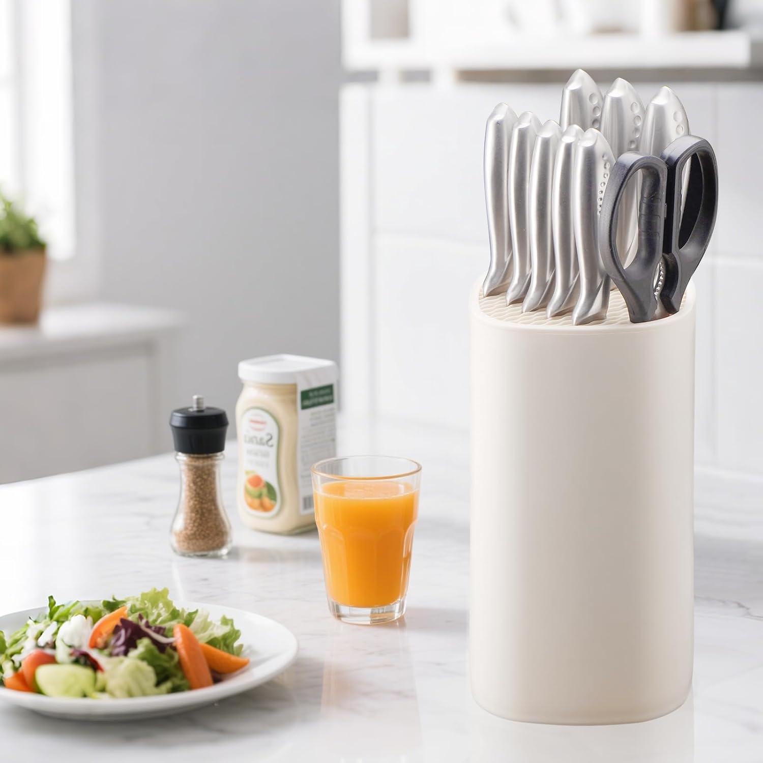 Universal Knife Block Holder for Kitchen, WELLSTAR Knife Stand without Knives, Safe Space Saver Large Volume Stable Knife Storage with Scissors Slot, Detachable for Easy Cleaning – Off-White