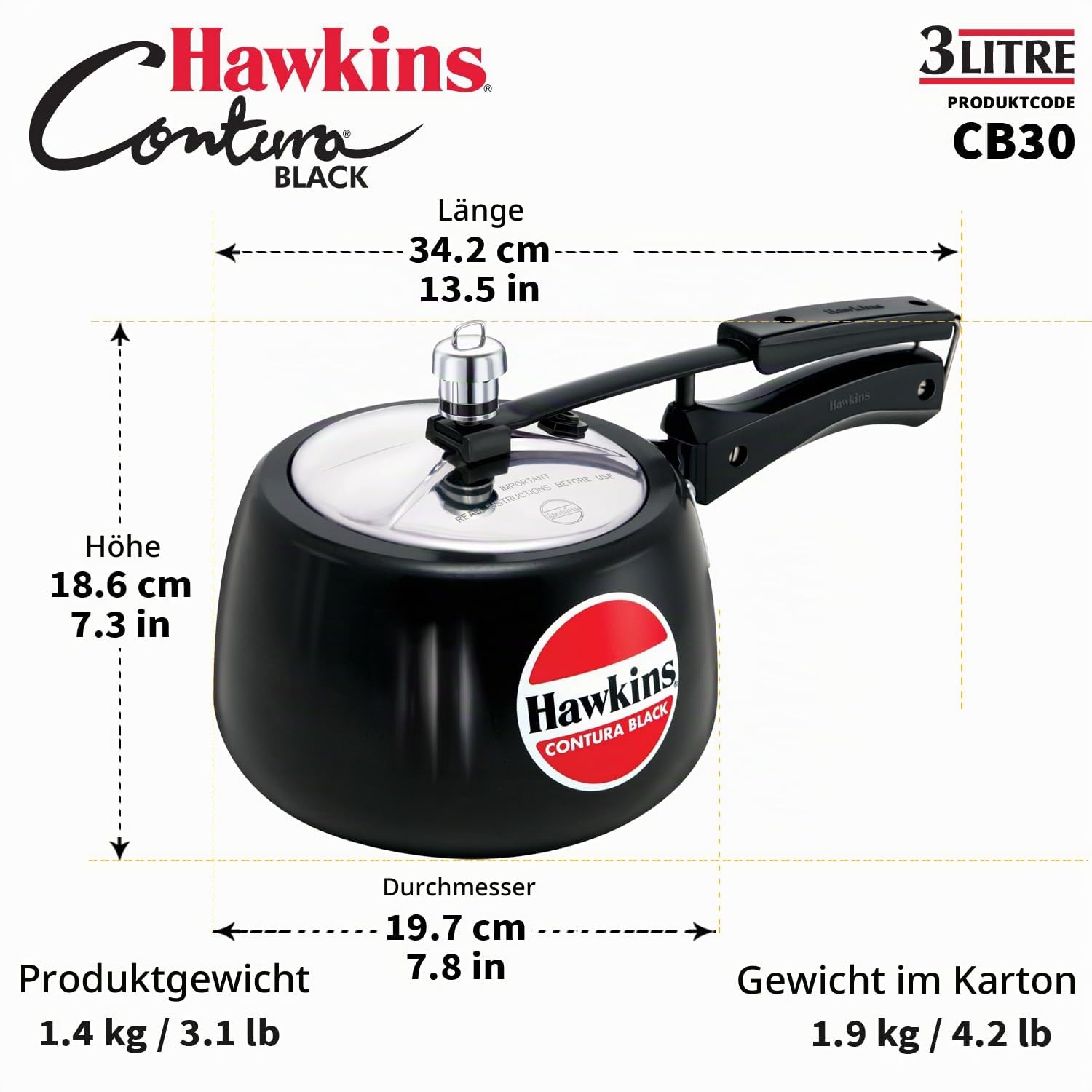 HAWKINS CB30 Harteloxiert Schnellkochtopf, aluminium, 3 liters, Contura Schwarz