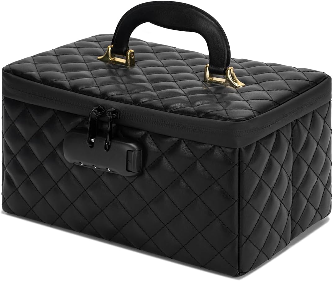 Portable makeup box with Lock, Large Capacity Travel Makeup Case Organizer, Makeup Bags for Girls Traveling With Handle and Divider Makeup Bag (Black) Portable makeup box with Lock, Large Capacity Travel Makeup Case Organizer, Makeup Bags for Girls Traveling With Handle and Divider Makeup Bag (Black)