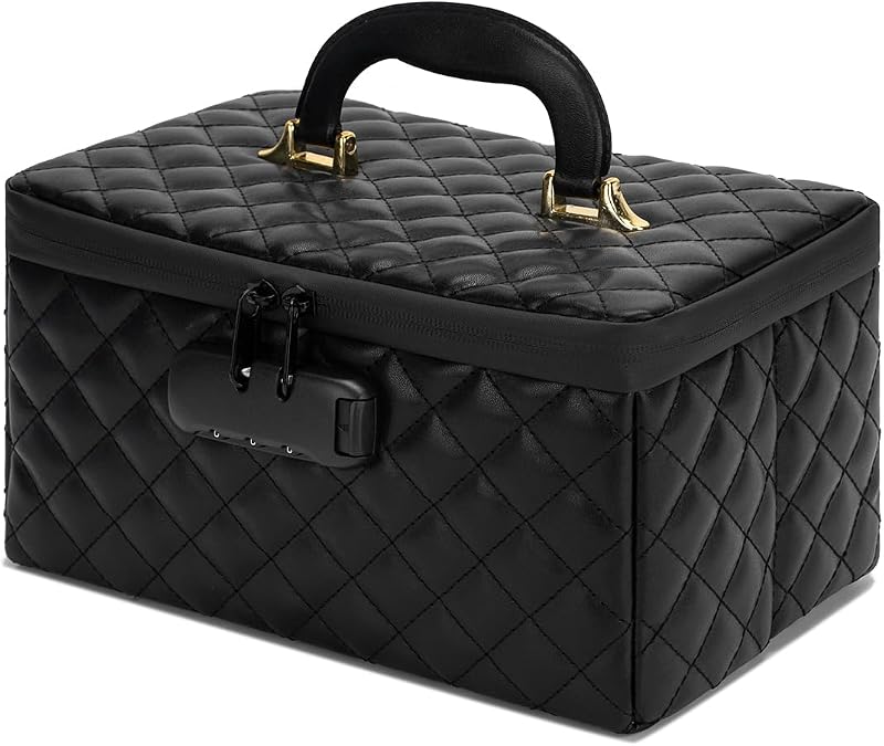 Necessaire organizadora de maquiagem KaAutoler com fechadura, divisórias e alça, preta