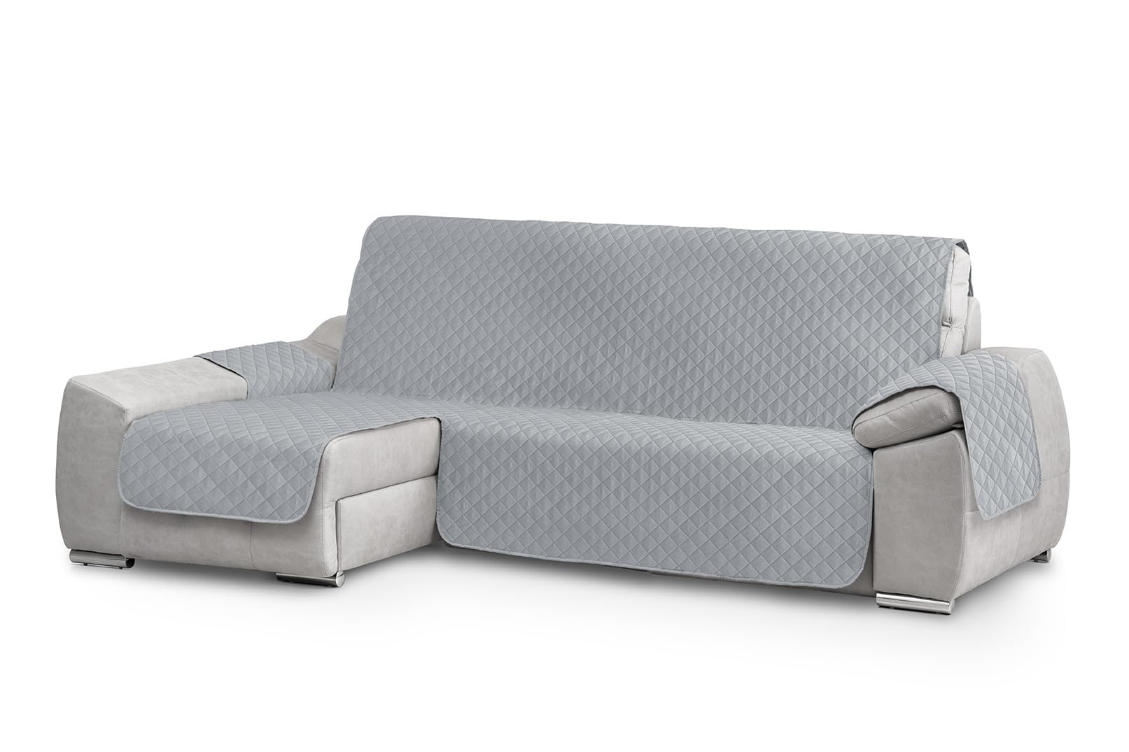Textilhome Copri divano con Penisola Sinistra, Copridivano Chaise Longue CIRCUS – Salvadivano Trapuntato Universale con Bracciolo, Antimacchia, 200 cm, Grigio Chiaro