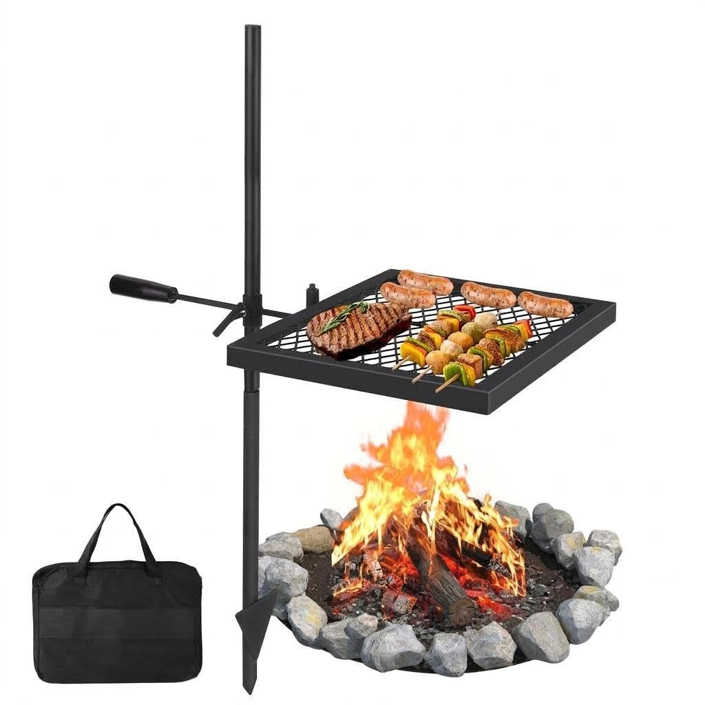 Garvee Griglia girevole da campeggio in acciaio pesante 360° - Altezza regolabile - Portatile per barbecue esterno - Borsa trasporto inclusa - 42x32cm, verticale, grill, set due pezzi 16.7x12.6cm