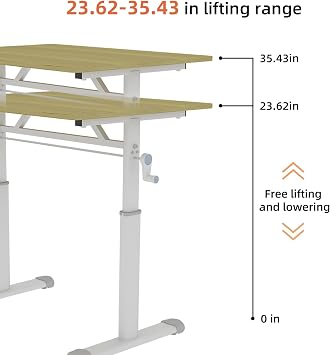 Adjustable Study Desk, Height Adjustable Standing Desk with Manual Crank, 23 Wide Small Computer Table, Sit Stand Table, White Frame, 24-35 Lifting Range (Wood,47.24 L 23.62 W)