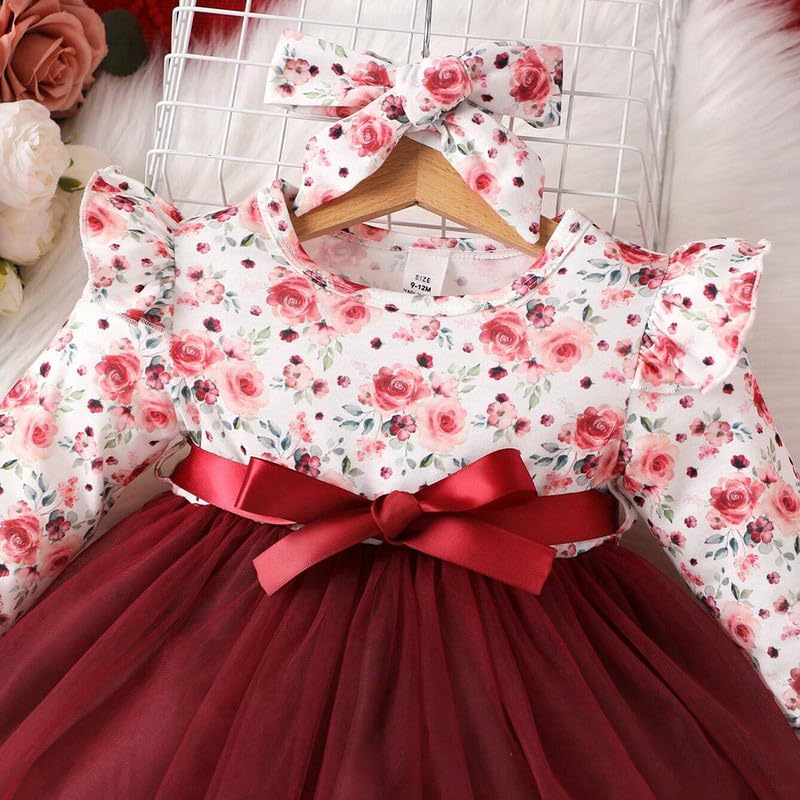 Image of Niren Enterprise Long Sleeve Printed Flower Belted Round Neck Baby Girl Frock with Knee-Length and A-Line Style