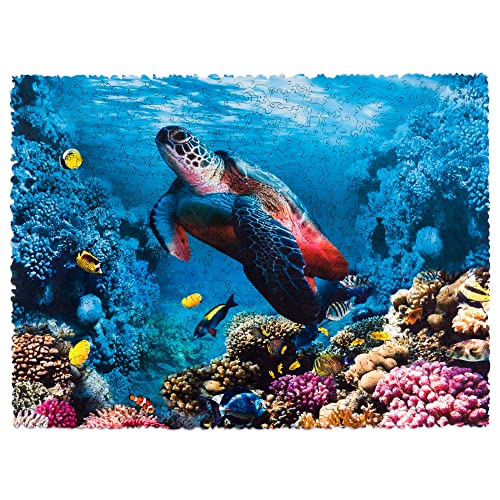 WOOSAIC Holzpuzzle Erwachsene und Kinder, Einzigartige Form Puzzleteile Schimmernde Schildkröte, 15 x 11 Zoll (38 x 28 cm) 500 Stück Cover