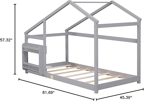 Miniatura 9 de RIDFY Cama de casa individual para niños, cama infantil con estante y techo, cama individual moderna, base de cama de plataforma de madera, no