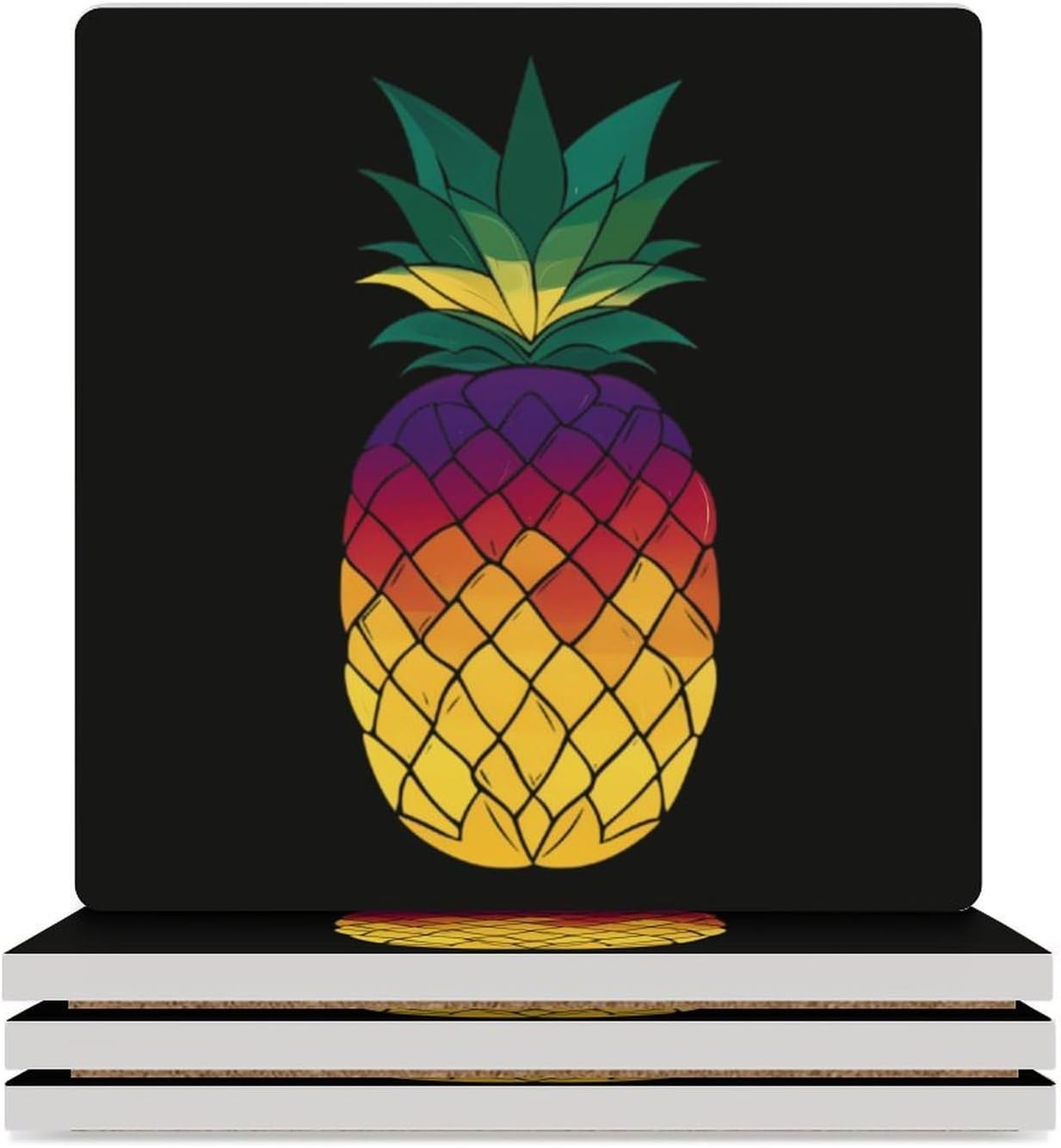Rainbow Pineapple Funny Ceramic Coasters for Drinks Absorbent Cup Holder Tabletop Protector with Cork Base