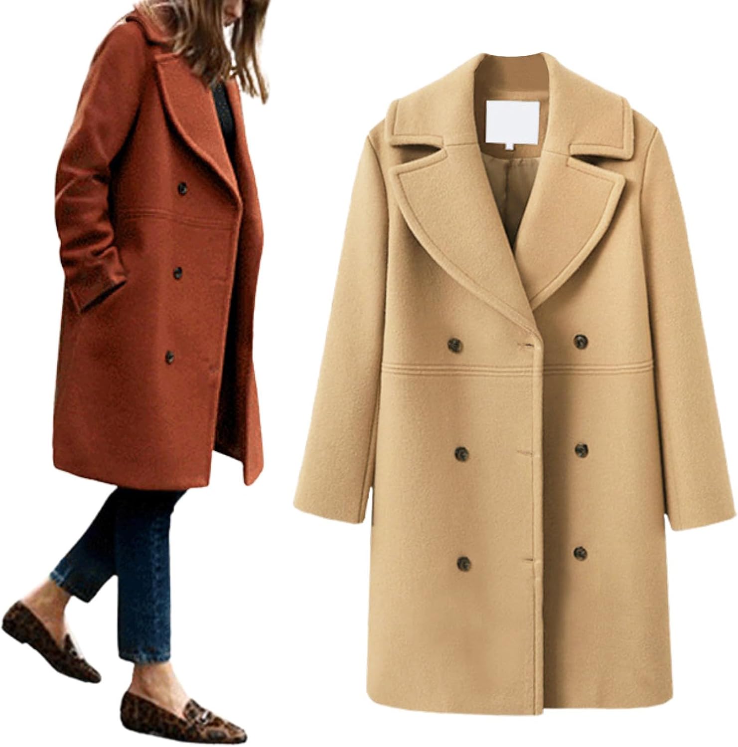 utcoco Women's Wool Blend Double Breasted Pea Coat Notched Lapel Mid Long Trench Overcoat with Pockets