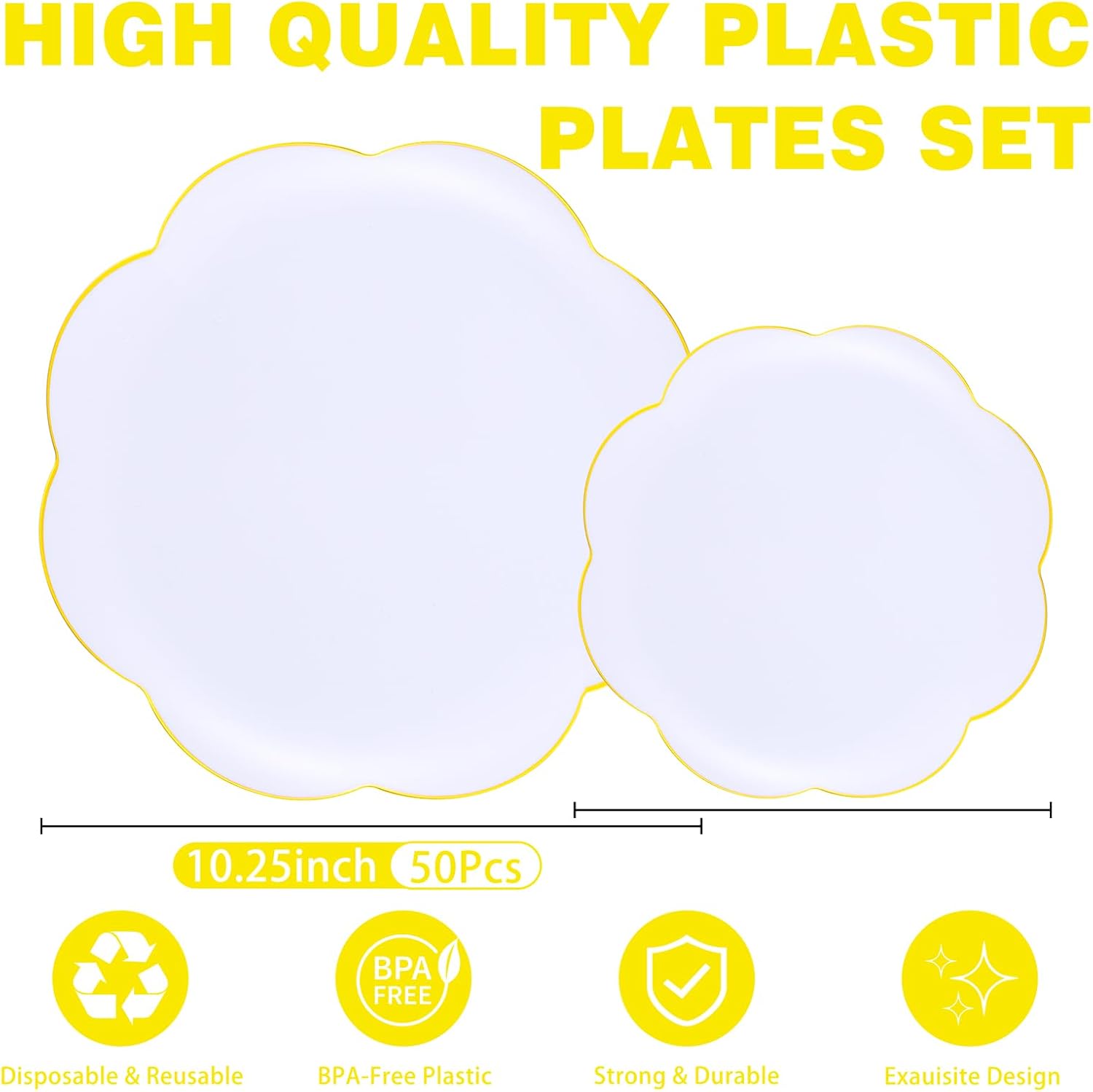 LIYH 100 Pcs White Plastic Plates with Gold Rim - Scalloped Plastic Disposable Plates Includes Dessert & Dinner Plate Heavy Duty Tableware Dishes for Birthday Party 50 Guests