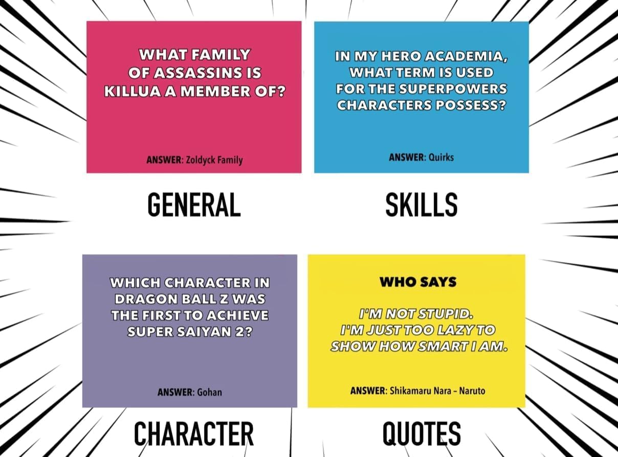 Anime Trivia Card Game - 100 Questions, Character, Quotes & Skill Challenges, Fun Anime Party Game for Fans, Teens & Adults, Expansion Pack Available (Base Game)