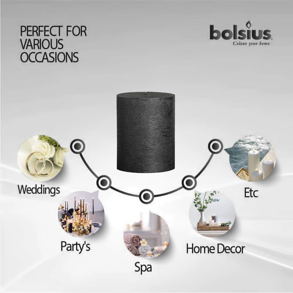 BOLSIUS Rustic Metallic Set of 6 Metallic Black Unscented Pillar Candles Inches –2.75 X 3.25 De Wedding Candles – Perfect Use for Home Décor - Church-Spa Candle – Restaurant 80/68m… : Everything Else